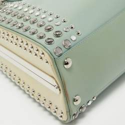 Pre Owned Prada Green/Cream Saffiano Patent Leather Studded Pyramid Frame Satchel