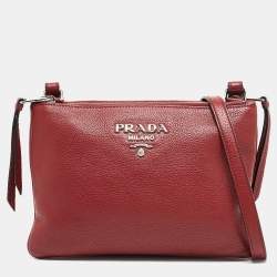 Prada Red Vitello Phenix Leather Double Zip Crossbody Bag
