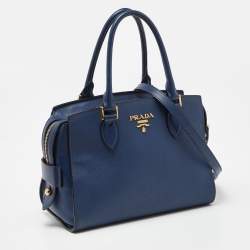 Pre Owned Prada Blue Saffiano/Soft Leather Double Handle Tote