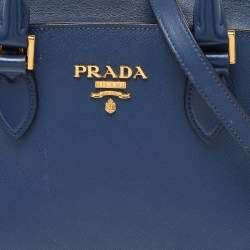 Pre Owned Prada Blue Saffiano/Soft Leather Double Handle Tote
