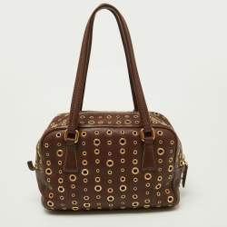 Pre Owned Prada Brown Leather Zip Grommet Bag