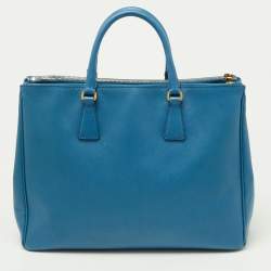 Pre Owned Prada Blue Saffiano Lux Leather Large Galleria Double Zip Tote