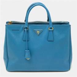 Pre Owned Prada Blue Saffiano Lux Leather Large Galleria Double Zip Tote