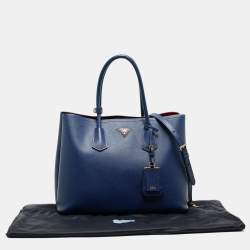 Pre Owned Prada Blue Saffiano Cuir Leather Large Double Handle Tote