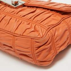 Pre Owned Prada Orange Gaufre Leather Medium Flap Shoulder Bag