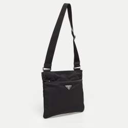 Prada Black Nylon and Leather Triangular Logo Messenger Bag