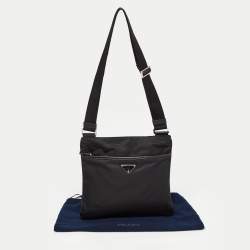 Prada Black Nylon and Leather Triangular Logo Messenger Bag