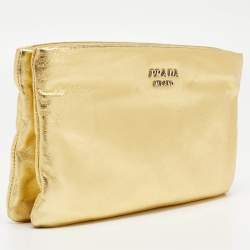 Pre Owned Prada Metallic Gold Leather Double Zip Clutch