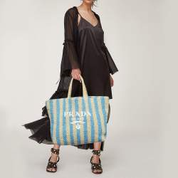 Pre Owned Prada Tan/Light Blue Crochet Straw Large Tote
