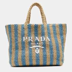 Pre Owned Prada Tan/Light Blue Crochet Straw Large Tote