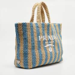 Pre Owned Prada Tan/Light Blue Crochet Straw Large Tote