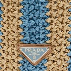 Pre Owned Prada Tan/Light Blue Crochet Straw Large Tote