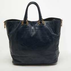 Pre Owned Prada Navy Blue Leather Side Zip Tote