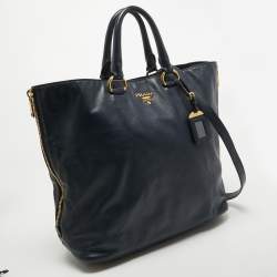Pre Owned Prada Navy Blue Leather Side Zip Tote