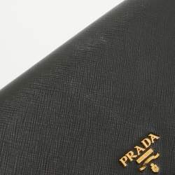 Pre Owned Prada Black Saffiano Lux Leather Logo Flap Wallet On Chain