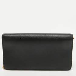 Pre Owned Prada Black Saffiano Lux Leather Logo Flap Wallet On Chain