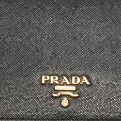 Pre Owned Prada Black Saffiano Lux Leather Logo Flap Wallet On Chain