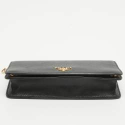 Pre Owned Prada Black Saffiano Lux Leather Logo Flap Wallet On Chain