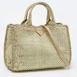 Prada Gold/Green Wowen Madras Leather Tote