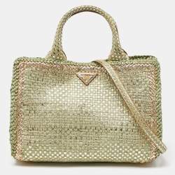 Prada Gold/Green Wowen Madras Leather Tote