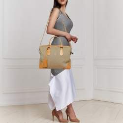Pre Owned Prada Beige/Brown Logo Jacquard and Leather Bauletto Bag