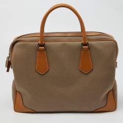 Pre Owned Prada Beige/Brown Logo Jacquard and Leather Bauletto Bag