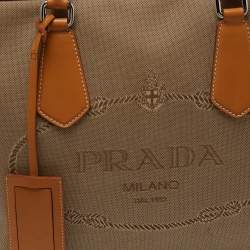 Pre Owned Prada Beige/Brown Logo Jacquard and Leather Bauletto Bag