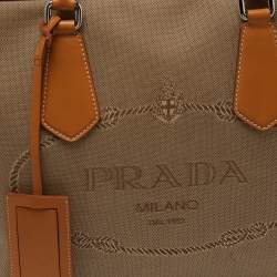 Prada Beige/Brown Logo Jacquard and Leather Bauletto Bag