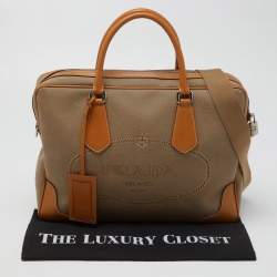 Pre Owned Prada Beige/Brown Logo Jacquard and Leather Bauletto Bag