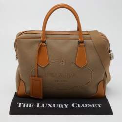 Prada Beige/Brown Logo Jacquard and Leather Bauletto Bag