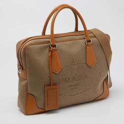 Pre Owned Prada Beige/Brown Logo Jacquard and Leather Bauletto Bag