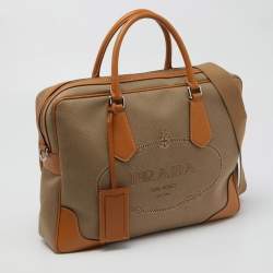 Prada Beige/Brown Logo Jacquard and Leather Bauletto Bag