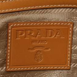 Pre Owned Prada Beige/Brown Logo Jacquard and Leather Bauletto Bag