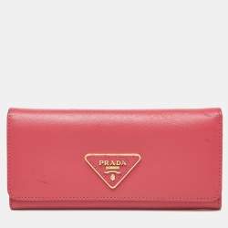 Prada Pink Saffiano Metal Leather Triangular Logo Flap Wallet