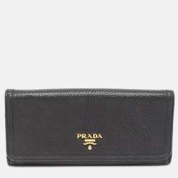 Pre Owned Prada Black Vitello Daino Leather Logo Flap Continental Wallet