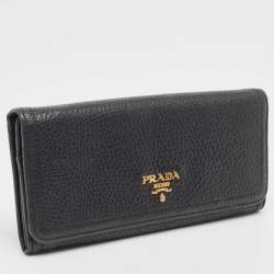 Pre Owned Prada Black Vitello Daino Leather Logo Flap Continental Wallet