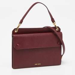Pre Owned Prada Burgundy Saffiano Lux Leather Flap Top Handle Bag