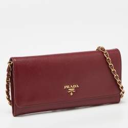Pre Owned Prada Dark Red Saffiano Metal Leather Wallet On Chain