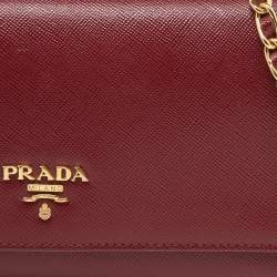 Pre Owned Prada Dark Red Saffiano Metal Leather Wallet On Chain