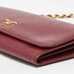 Pre Owned Prada Dark Red Saffiano Metal Leather Wallet On Chain