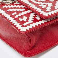 Prada Red/White Madras Woven Leather Pushlock Flap Bag