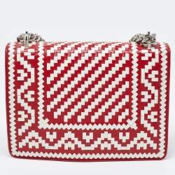 Prada Red/White Madras Woven Leather Pushlock Flap Bag