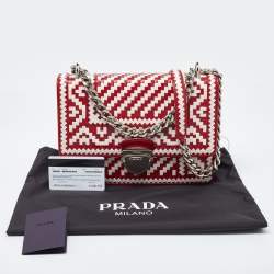 Prada Red/White Madras Woven Leather Pushlock Flap Bag
