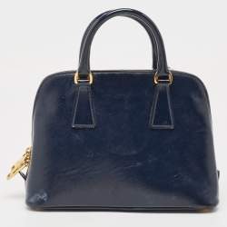 Pre Owned Prada Navy Blue Saffiano Patent Leather Small Promenade Satchel