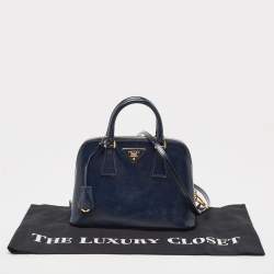 Pre Owned Prada Navy Blue Saffiano Patent Leather Small Promenade Satchel