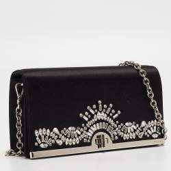 Prada Black Satin Crystals Embellished Flap Chain Clutch