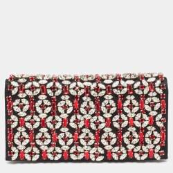 Prada Black/Red Satin Crystals Embellished Flap Clutch