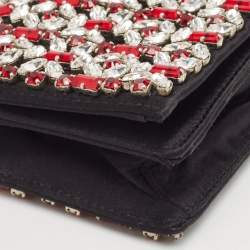 Prada Black/Red Satin Crystals Embellished Flap Clutch