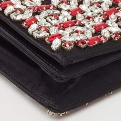 Prada Black/Red Satin Crystals Embellished Flap Clutch