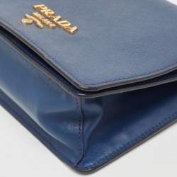 Prada Blue Saffiano and Soft Leather Chain Flap Shoulder Bag